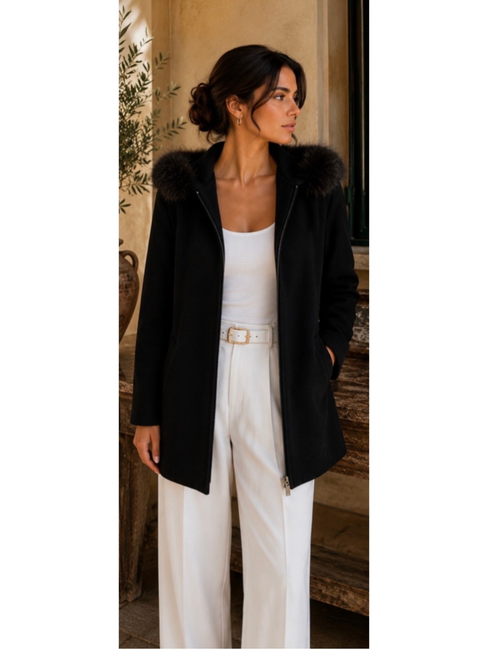 Kristen Blake Black Fox Fur Hooded Coat Size XL Luxury